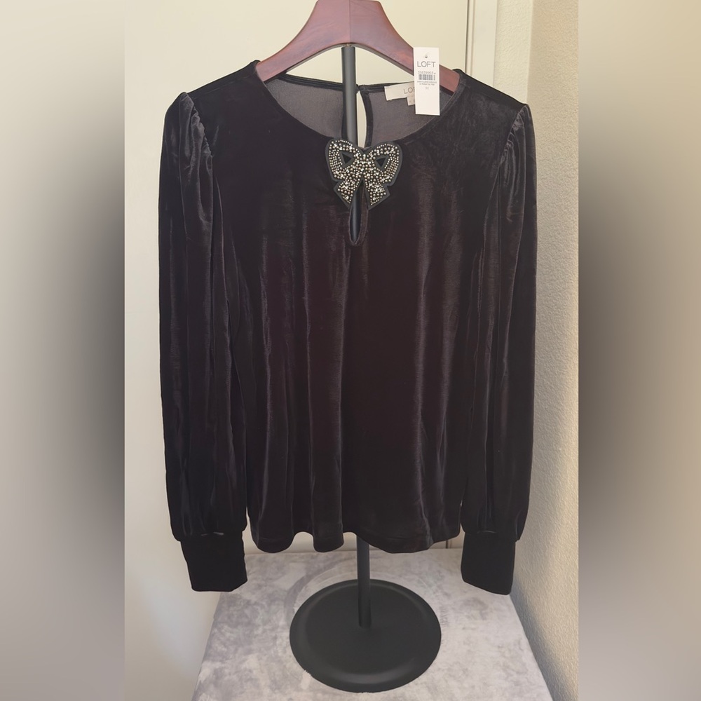LOFT Black Velvet Blouse with Embellished Bow